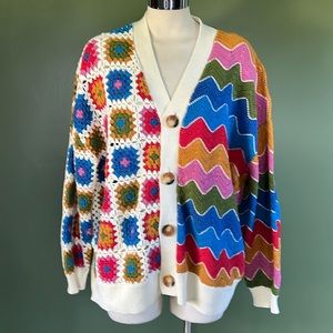 🍌 NWOT FARM RIO Mixed Crochet Oversized Sweater Cardigan Size Medium 🍌
